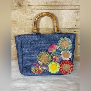 Haute Hippie Straw Flowers Bamboo Handle Satchel Shoulder Crossbody Chain